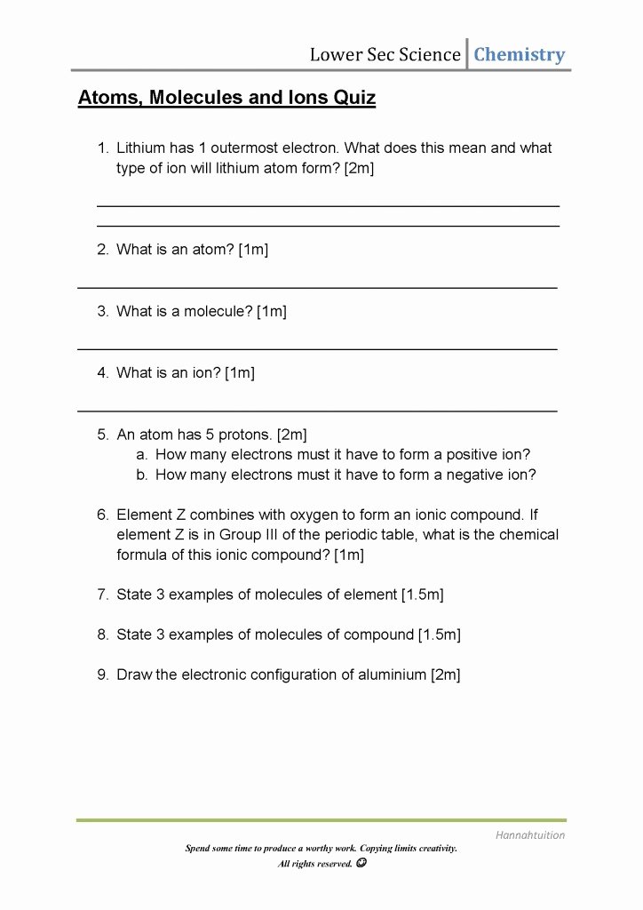 Atoms and Ions Worksheet Answers New Lower Sec atoms Molecules and Ions Quiz