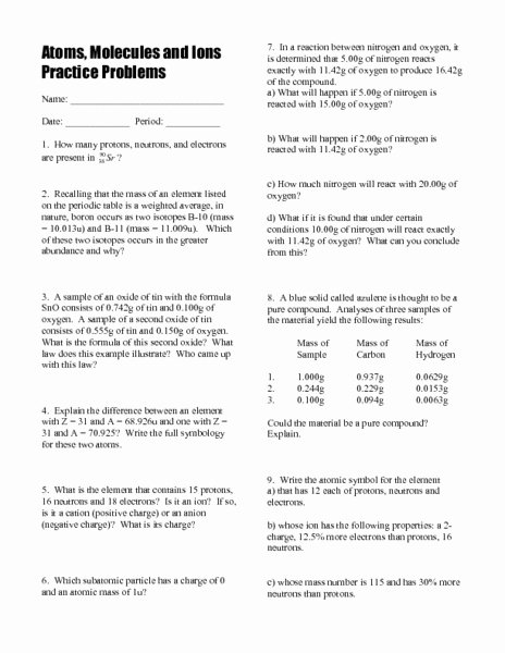 Atoms and Ions Worksheet Fresh atoms Molecules and Ions Worksheet for 10th 12th Grade