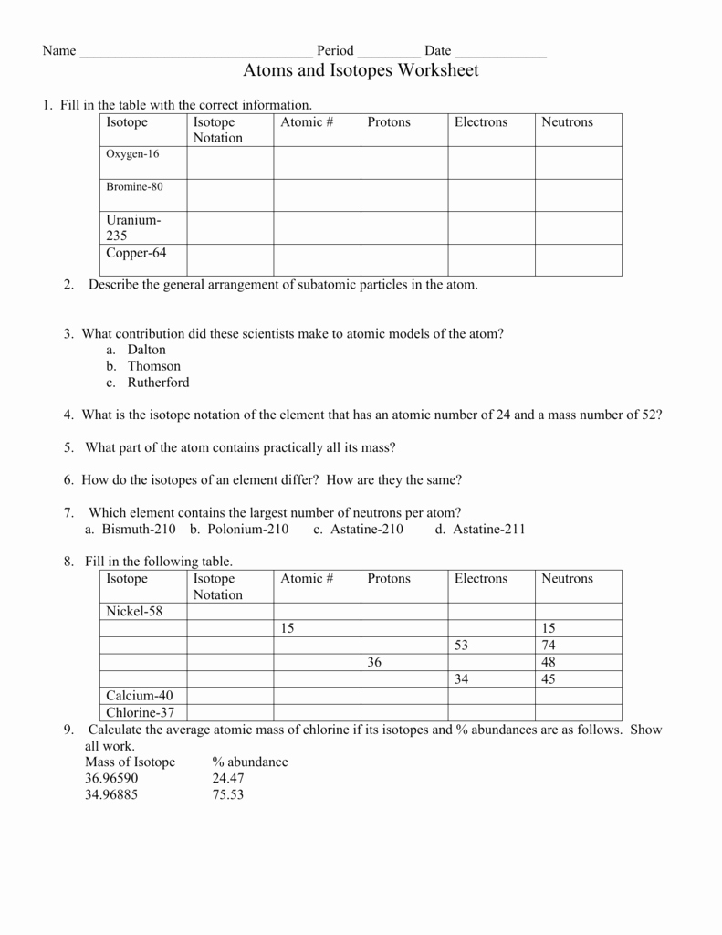 Atoms and isotopes Worksheet Answers Lovely atoms and isotopes Worksheet
