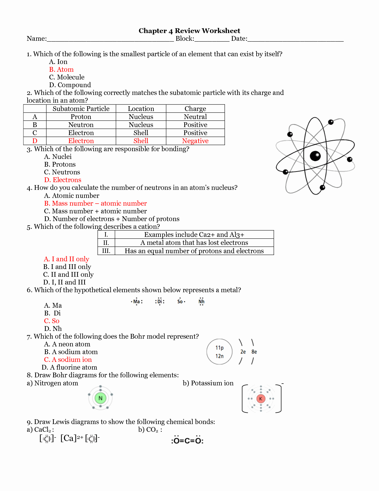 post molecules and atoms worksheet answer key