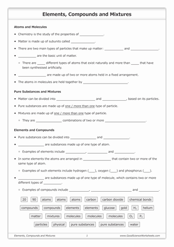 Atoms and Molecules Worksheet New atoms Pounds Molecules Mixtures Elements by