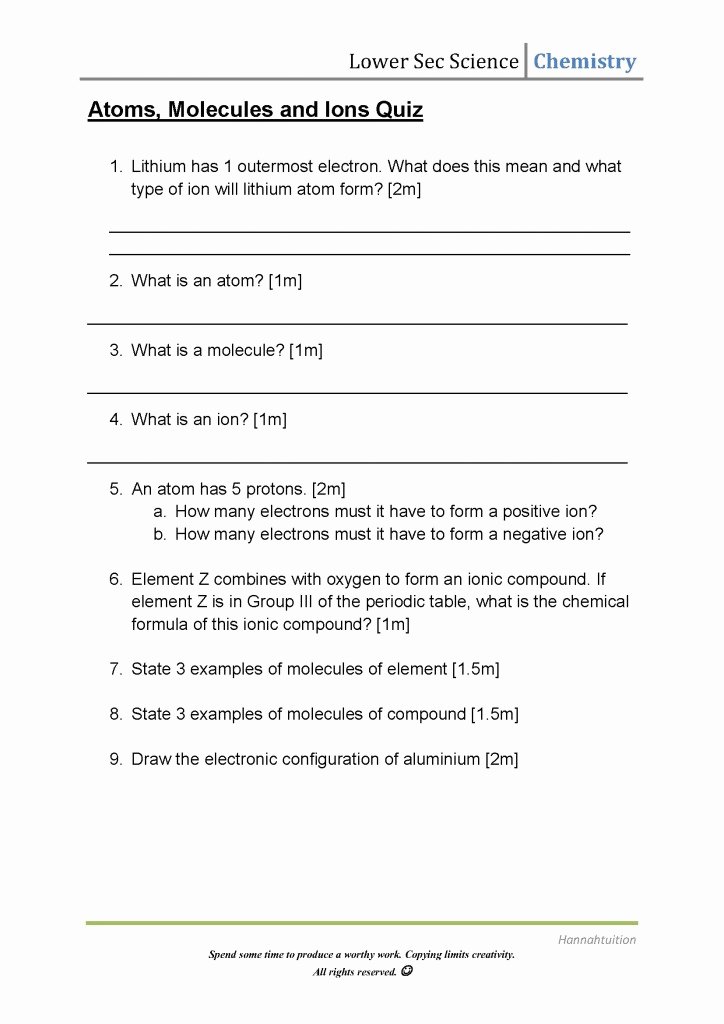 Atoms Vs Ions Worksheet Beautiful Lower Sec atoms Molecules and Ions Quiz