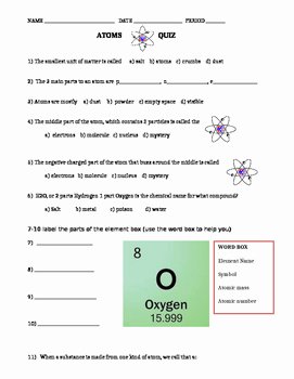 Atoms Worksheet Middle School Luxury atoms Quiz Test Pretest or Worksheet by Elementary and