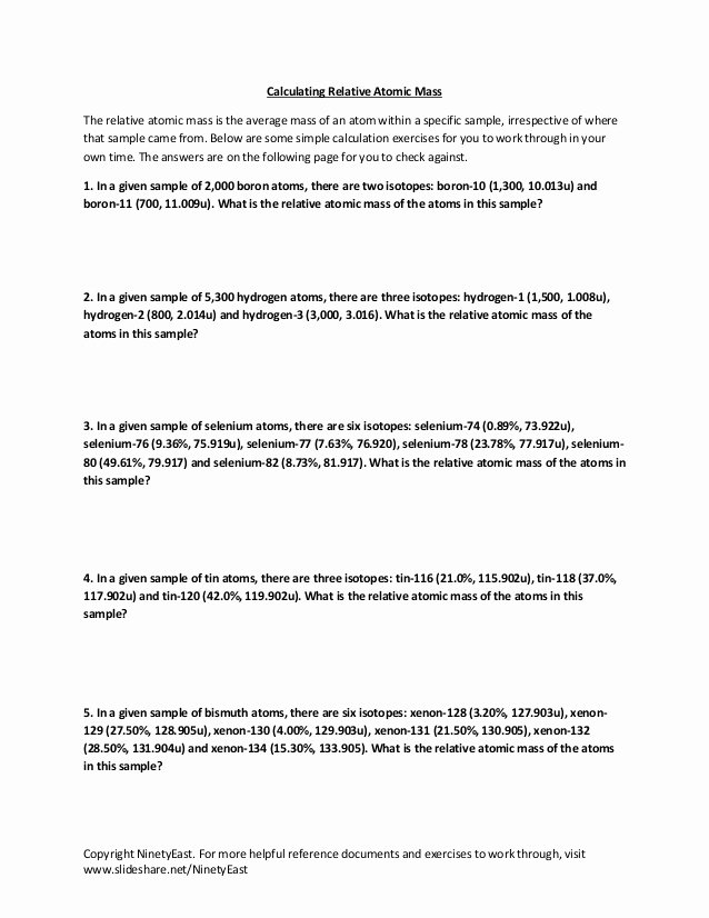 Average atomic Mass Worksheet Answers New Exercises to Calculate Relative atomic Mass