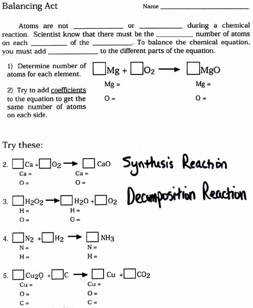 Balancing Act Worksheet Answers Best Of Chemical Equations and Reactions Worksheet Pichaglobal