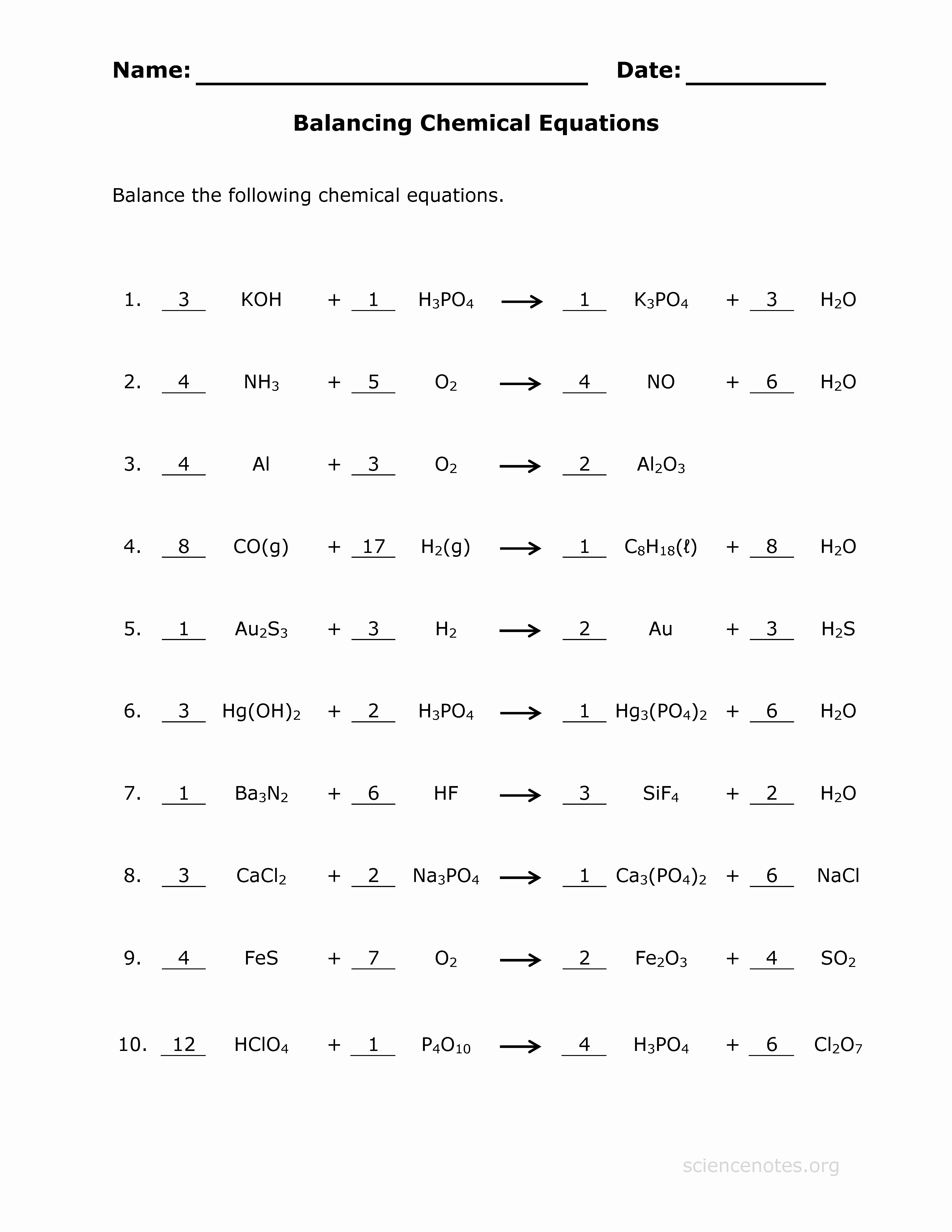 Balancing Chemical Equation Worksheet Unique Balancing Chemical Equations Practice Worksheet with