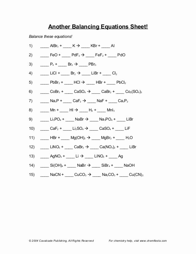 Balancing Chemical Equations Worksheet Answers Elegant Another Balancing Equations Sheet Balance these Equations
