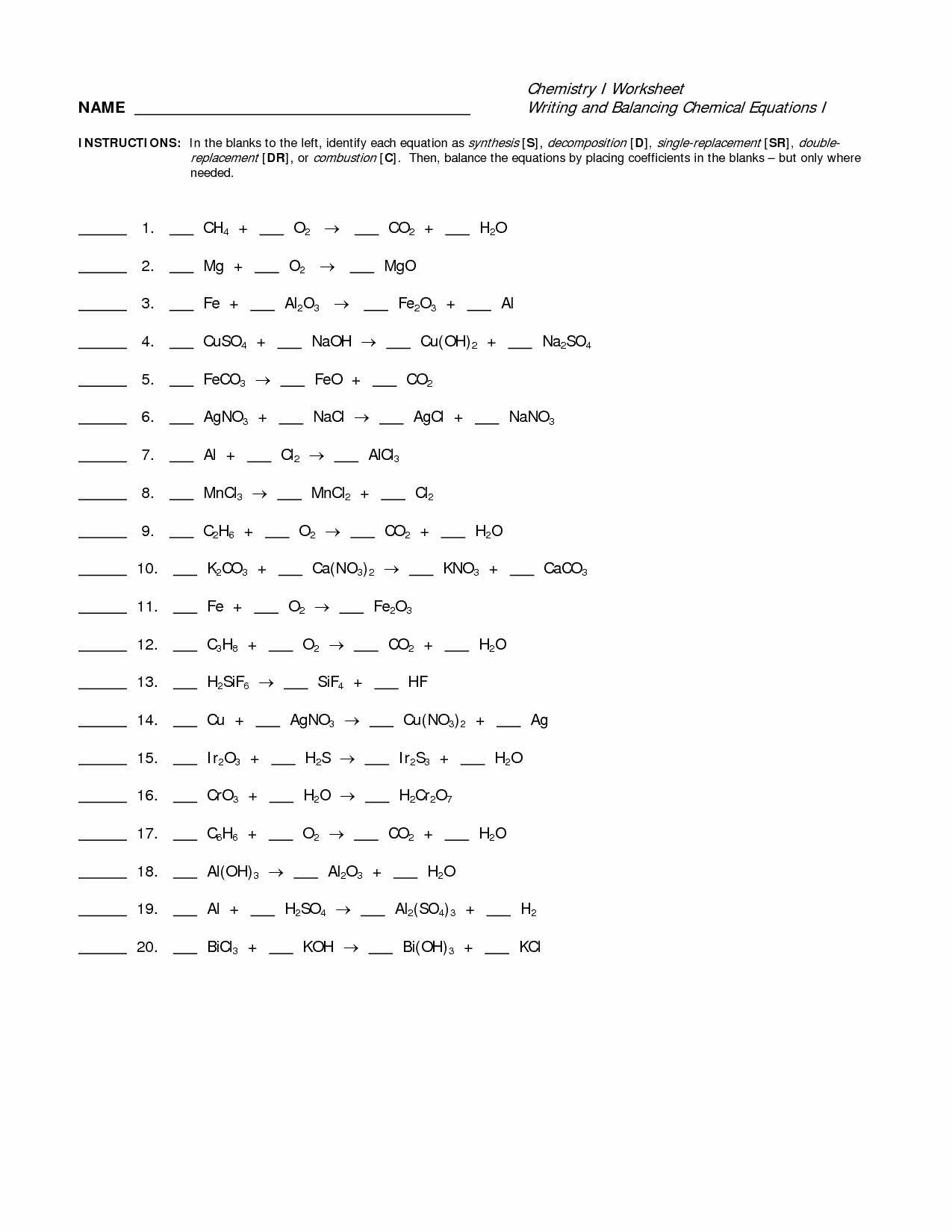 49 Balancing Equation Worksheet With Answers
