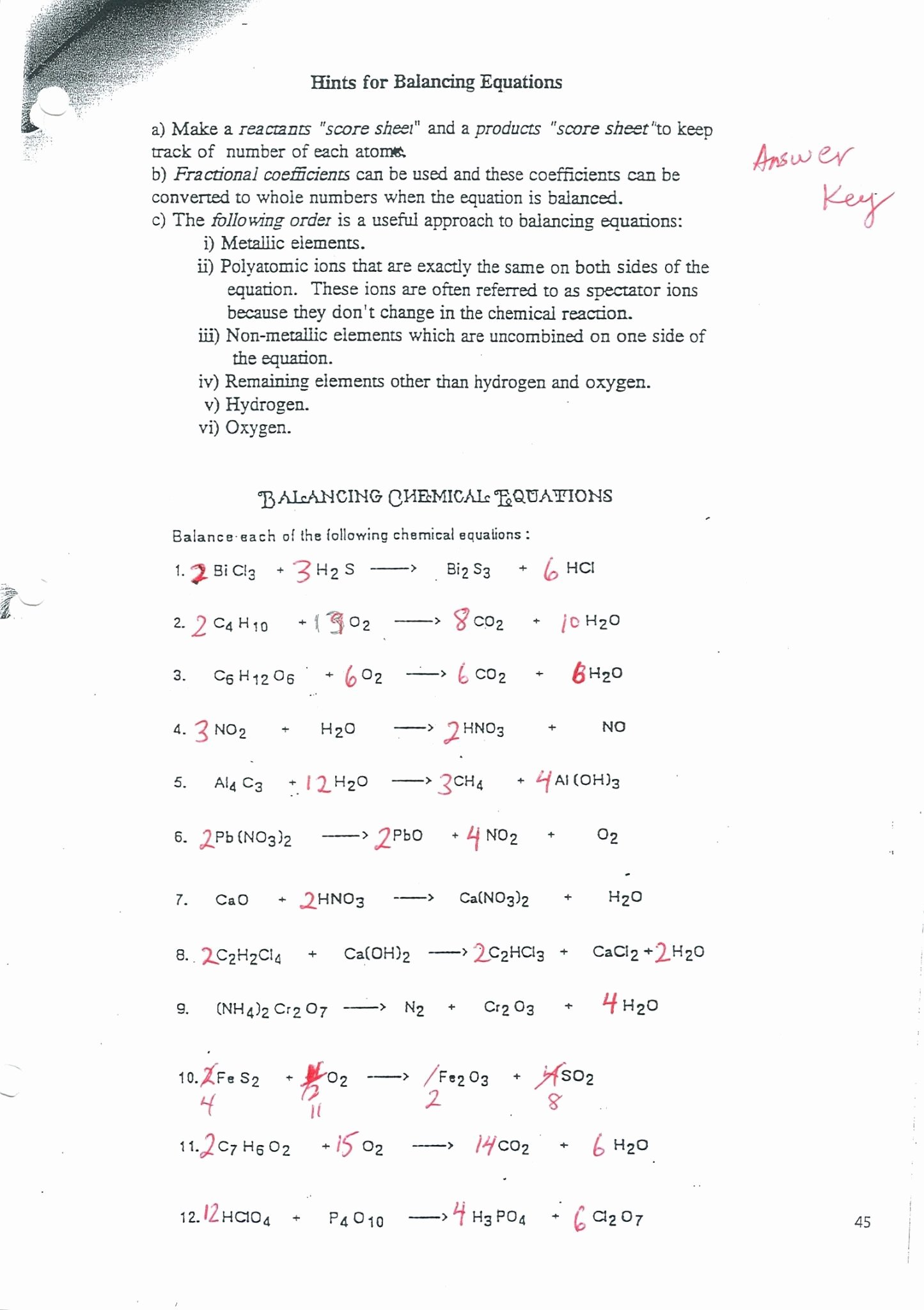 Balancing Equation Worksheet with Answers Unique Balancing Chemical Equations Worksheet Answer Key