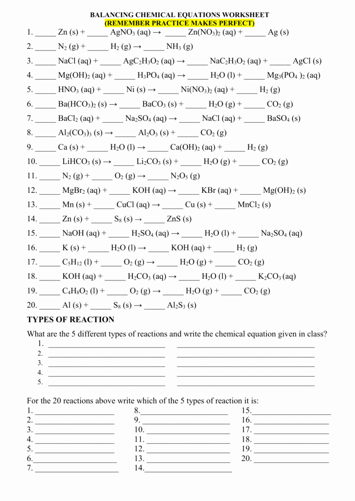 Balancing Equations Practice Worksheet Answers Inspirational Balancing Chemical Equations Worksheet