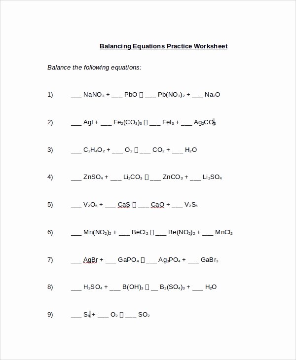 Balancing Equations Practice Worksheet Answers Inspirational Sample Balancing Equations Worksheet Templates 9 Free