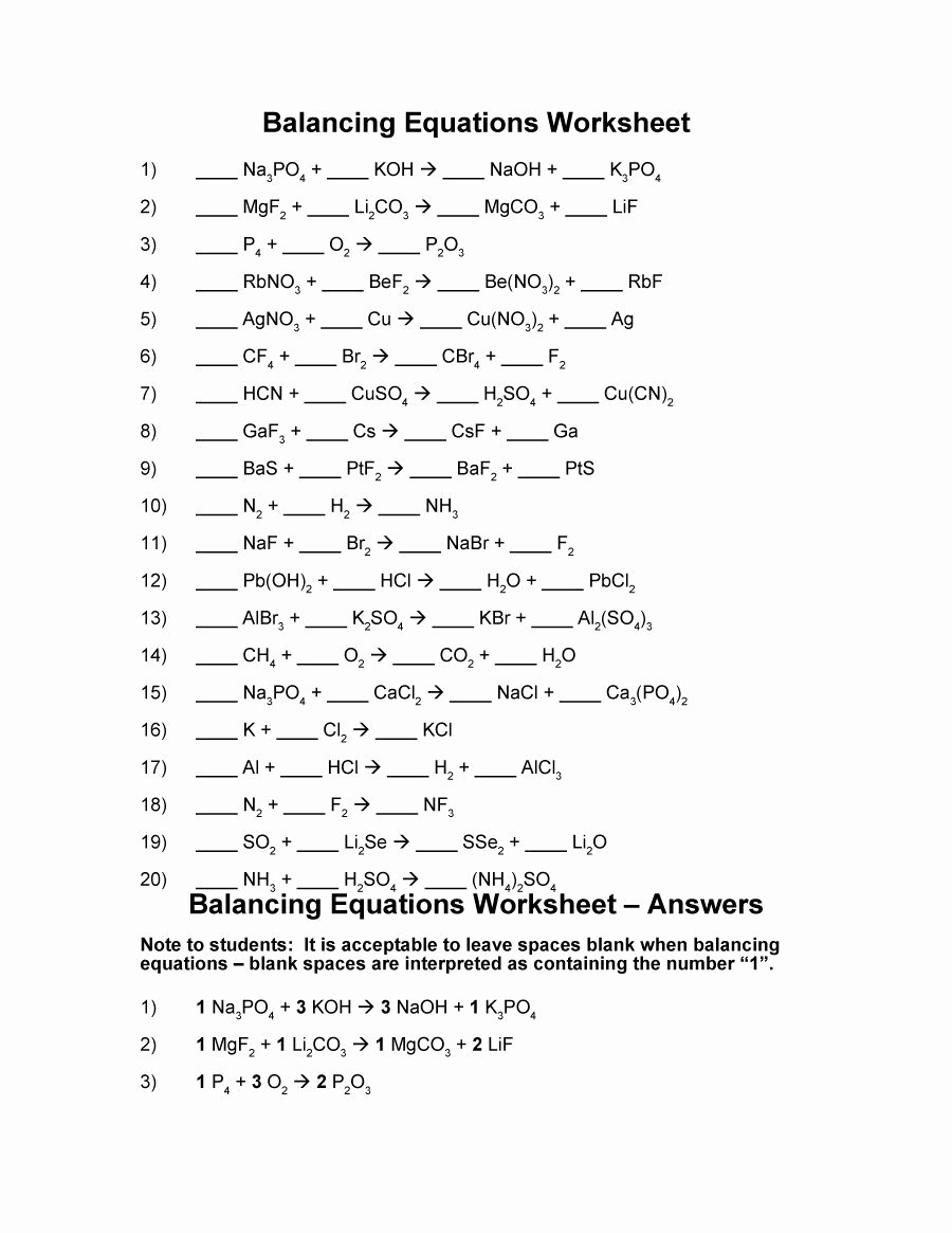 49 Balancing Equations Practice Worksheet Answers