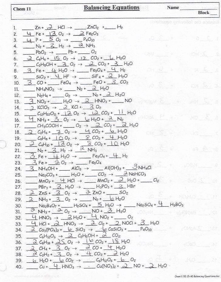 49 Balancing Equations Practice Worksheet Answers