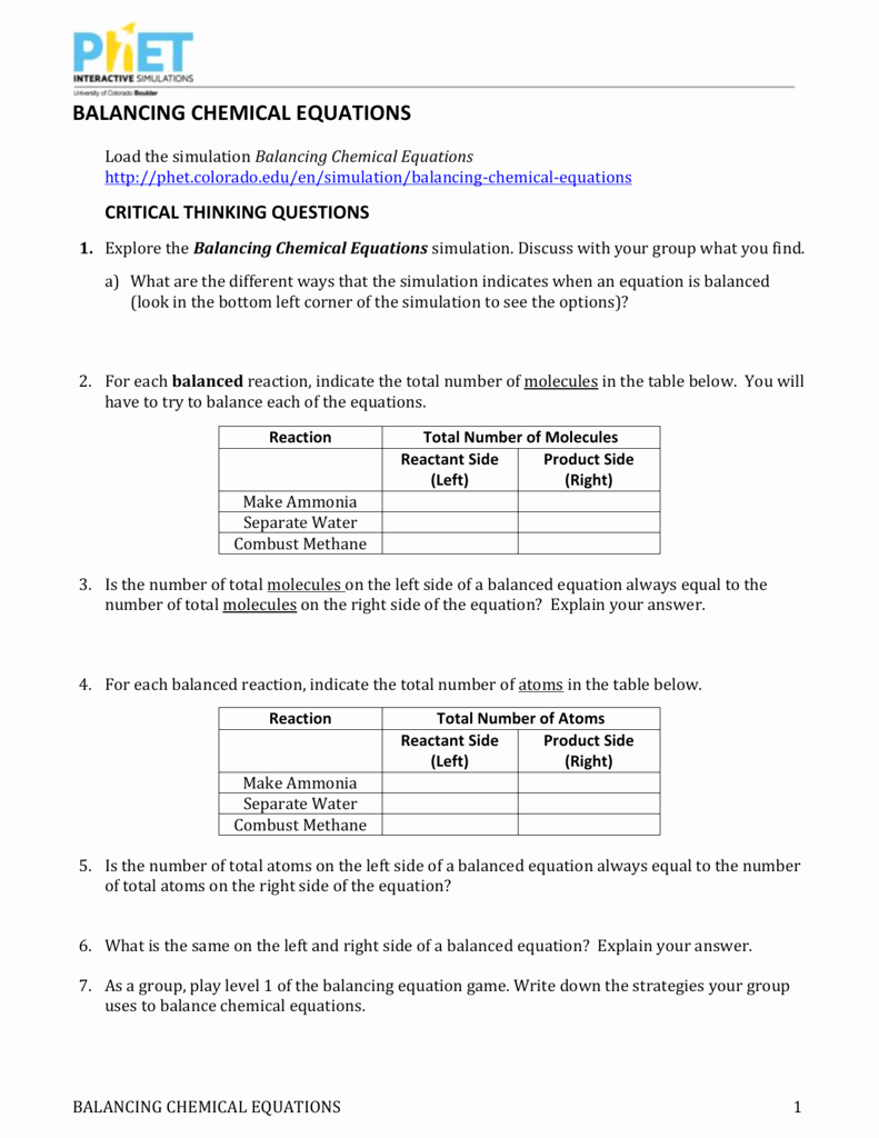 Balancing Equations Worksheet Answer Key Lovely Phet Balancing Chemical Equations Worksheet Answers