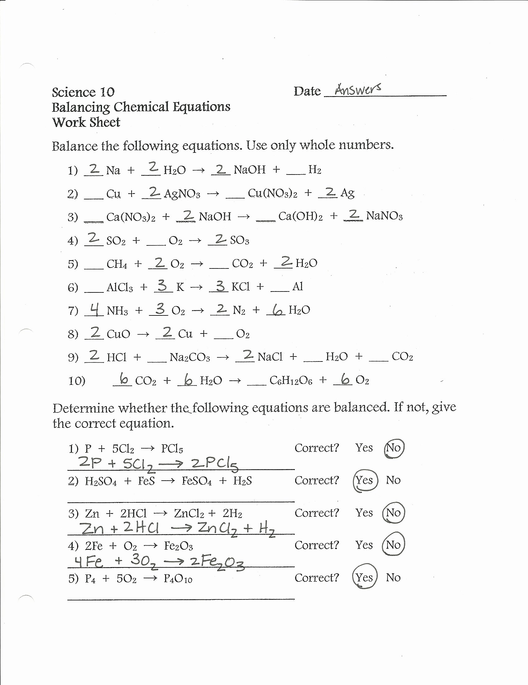 50 Balancing Equations Worksheet Answer Key