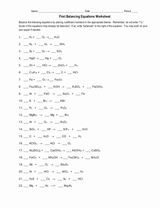 Balancing Equations Worksheet Answers Chemistry Lovely First Balancing Equations Worksheet