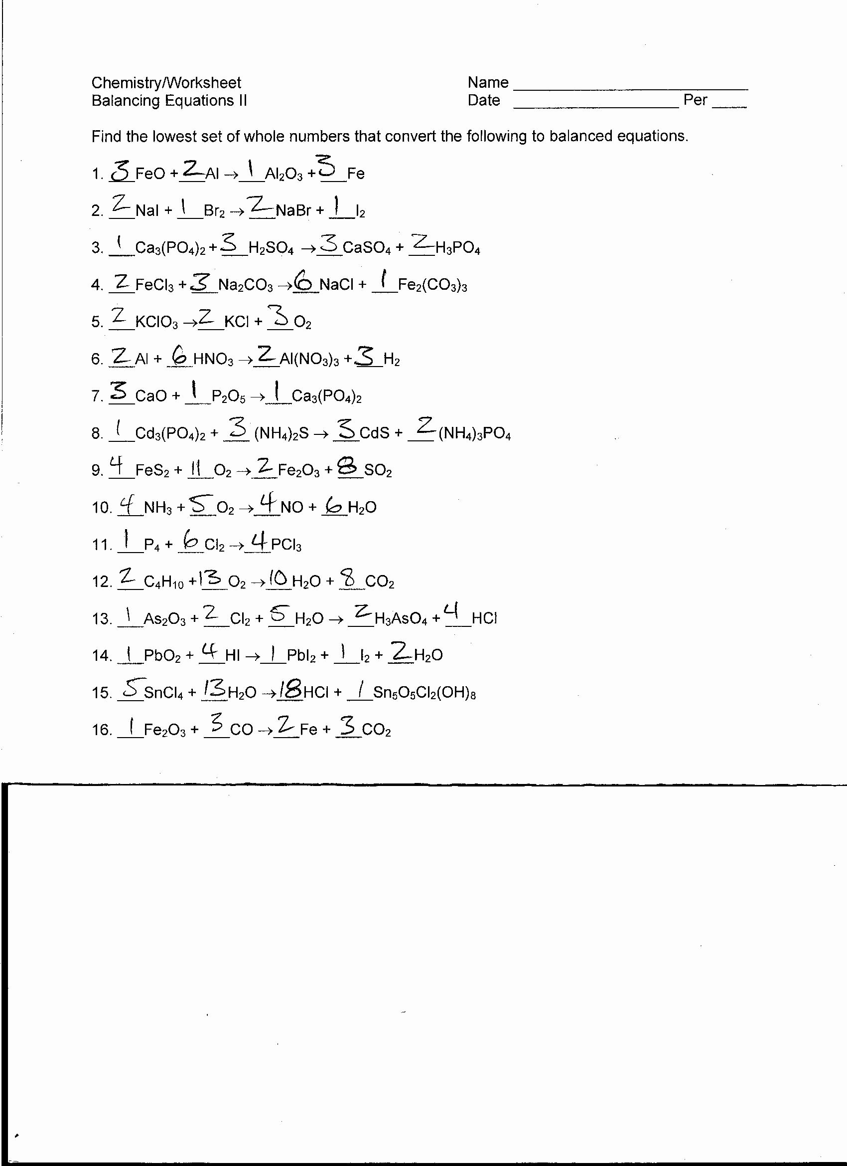 Balancing Equations Worksheet Answers Chemistry New Foothill High School