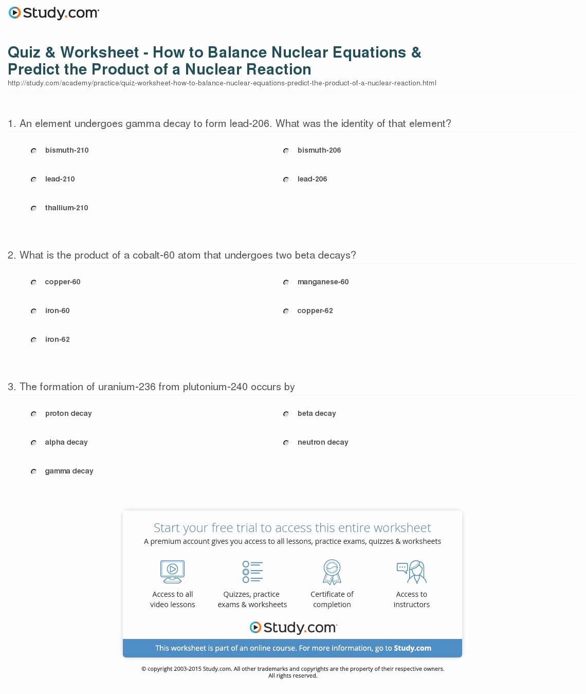 Balancing Nuclear Equations Worksheet Beautiful Quiz &amp; Worksheet How to Balance Nuclear Equations