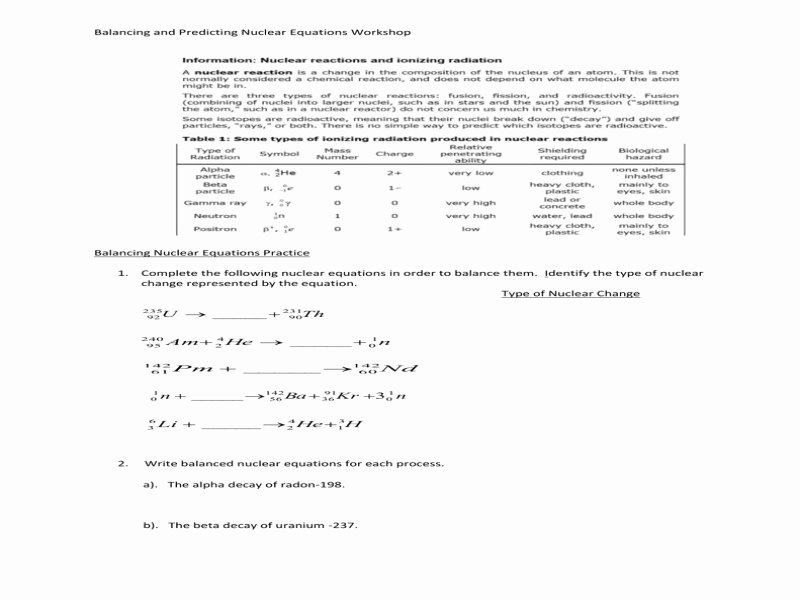 Balancing Nuclear Equations Worksheet Luxury Writing Nuclear Equations Chem Worksheet 4 4 Free