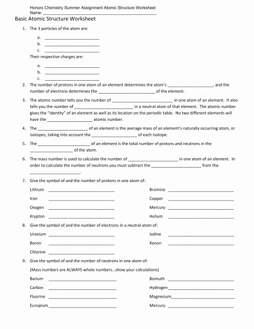 Basic atomic Structure Worksheet Answers Fresh Honors Chemistry Summer assignment atomic Structure