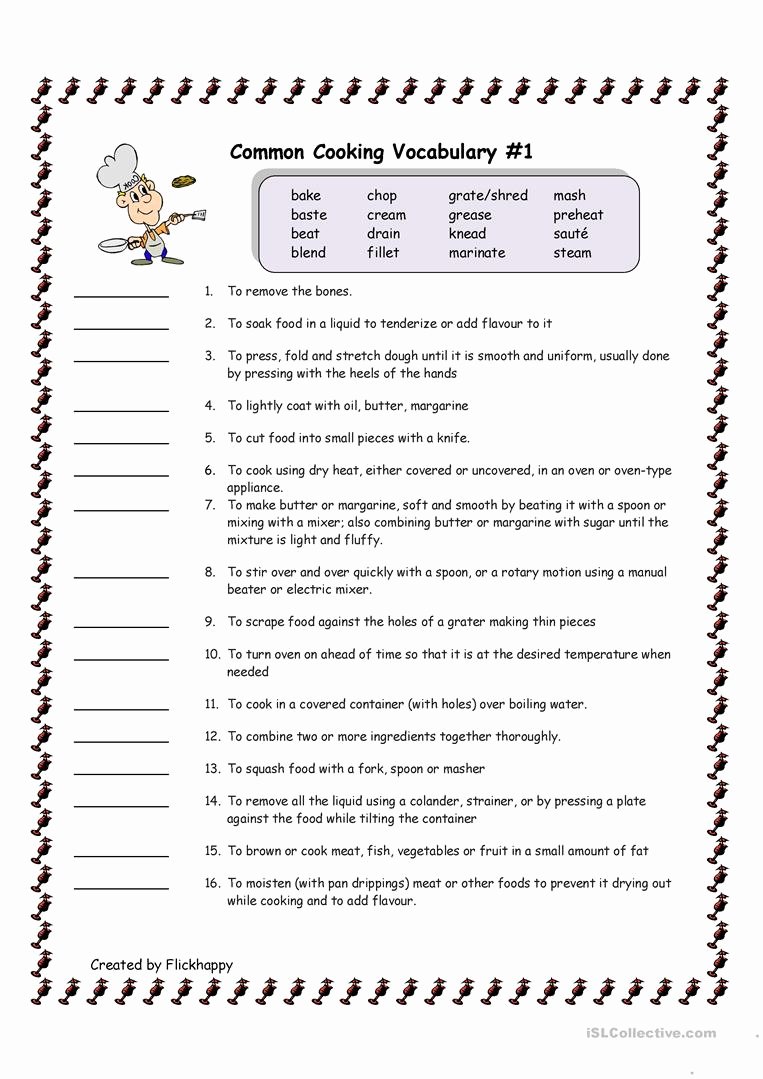 Basic Cooking Terms Worksheet Answers Awesome Mon Cooking Vocabulary 1 Worksheet Free Esl