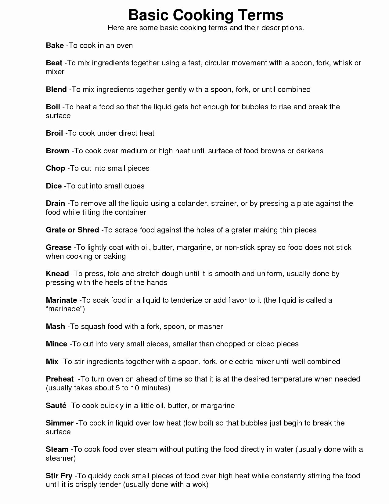 50 Basic Cooking Terms Worksheet Answers Chessmuseum Template Library