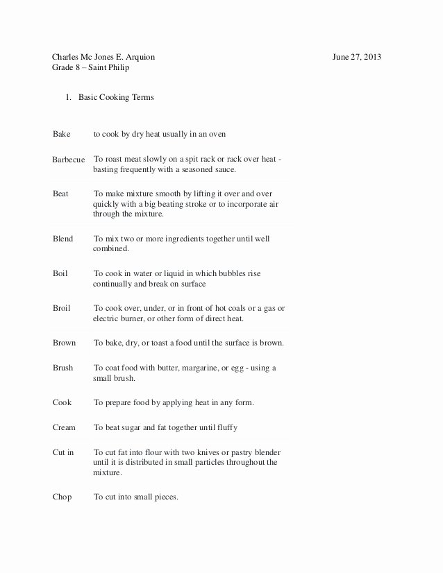 Basic Cooking Terms Worksheet Answers Inspirational Basic Cooking Terms
