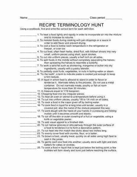 Basic Cooking Terms Worksheet Answers Inspirational Cooking Terms Worksheet