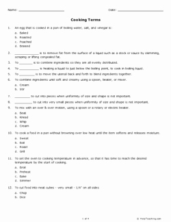 Basic Cooking Terms Worksheet Answers Luxury Cooking Terms Grade 10 Free Printable Tests and