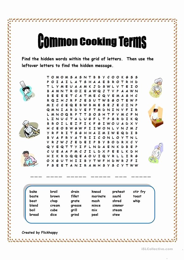 Basic Cooking Terms Worksheet Answers Unique Mon Cooking Terms Worksheet Free Esl Printable