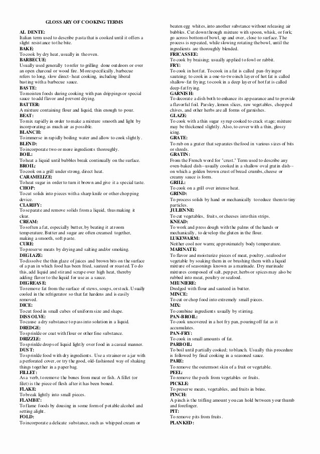 Basic Cooking Terms Worksheet Fresh Glossary Of Cooking Terms