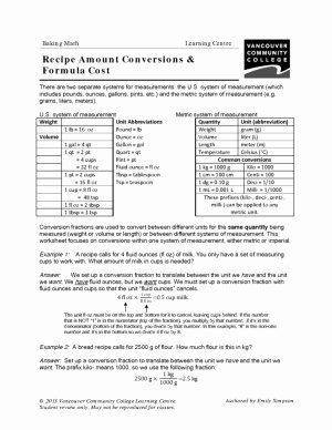 Basic Cooking Terms Worksheet Lovely Vcc Lc Worksheets Culinary Arts &amp; Baking Math Chemistry