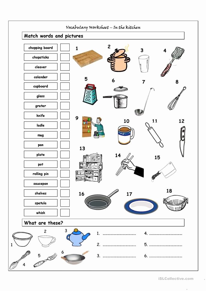 Basic Cooking Terms Worksheet Lovely Vocabulary Matching Worksheet In the Kitchen Worksheet