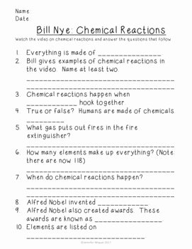 Bill Nye Chemical Reactions Worksheet Awesome Bill Nye Chemical Reactions Movie Guide by Endeavors In