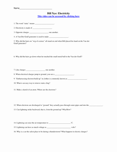Bill Nye Electricity Worksheet Awesome Bill Nye Video Worksheets Four Electricity and Optics