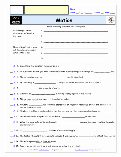 Bill Nye Motion Worksheet Answers Fresh Worksheet for Bill Nye Motion Video Differentiated