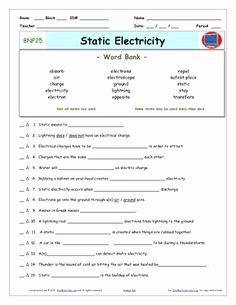 Bill Nye Static Electricity Worksheet Lovely This 13 Question Worksheet with Teacher Answer Key is