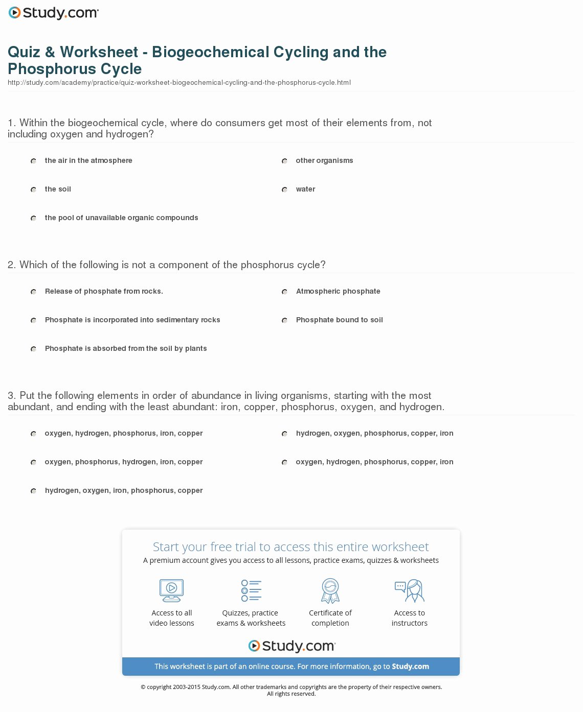 Biogeochemical Cycles Worksheet Answers Luxury Quiz &amp; Worksheet Biogeochemical Cycling and the