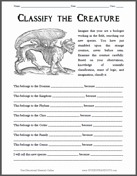 Biological Classification Worksheet Answer Key Beautiful Classify the Creature Worksheet