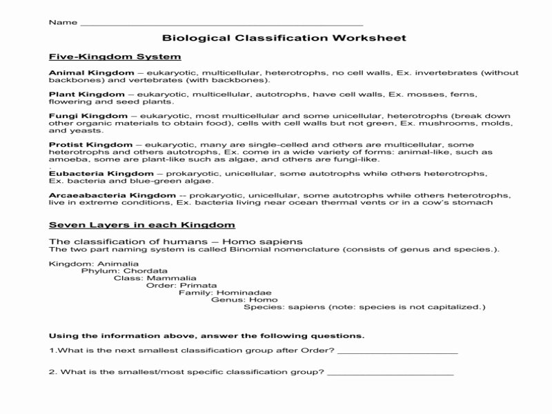 Biological Classification Worksheet Answers Beautiful Kingdom Classification Worksheet Free Printable Worksheets