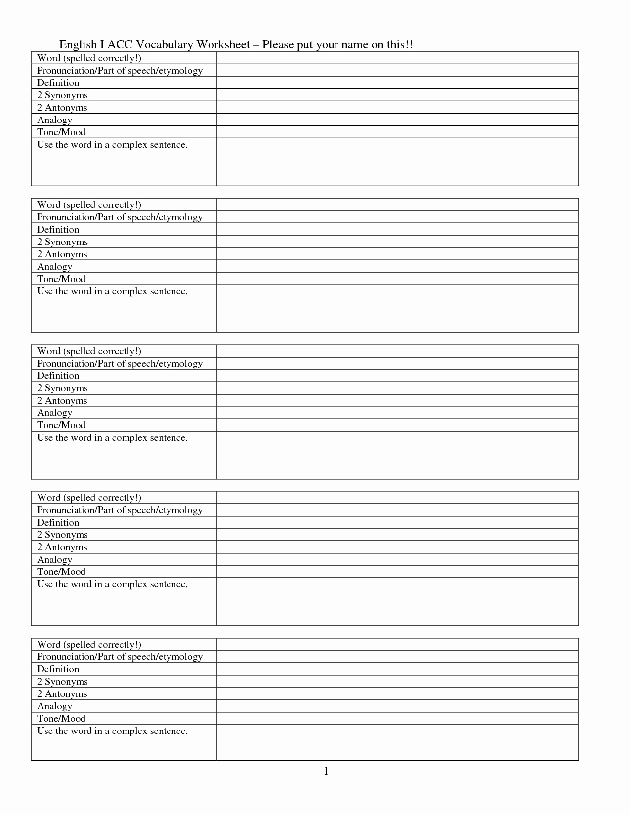 Blank Vocabulary Worksheet Template Awesome 10 Best Of Blank Vocabulary Worksheets Template