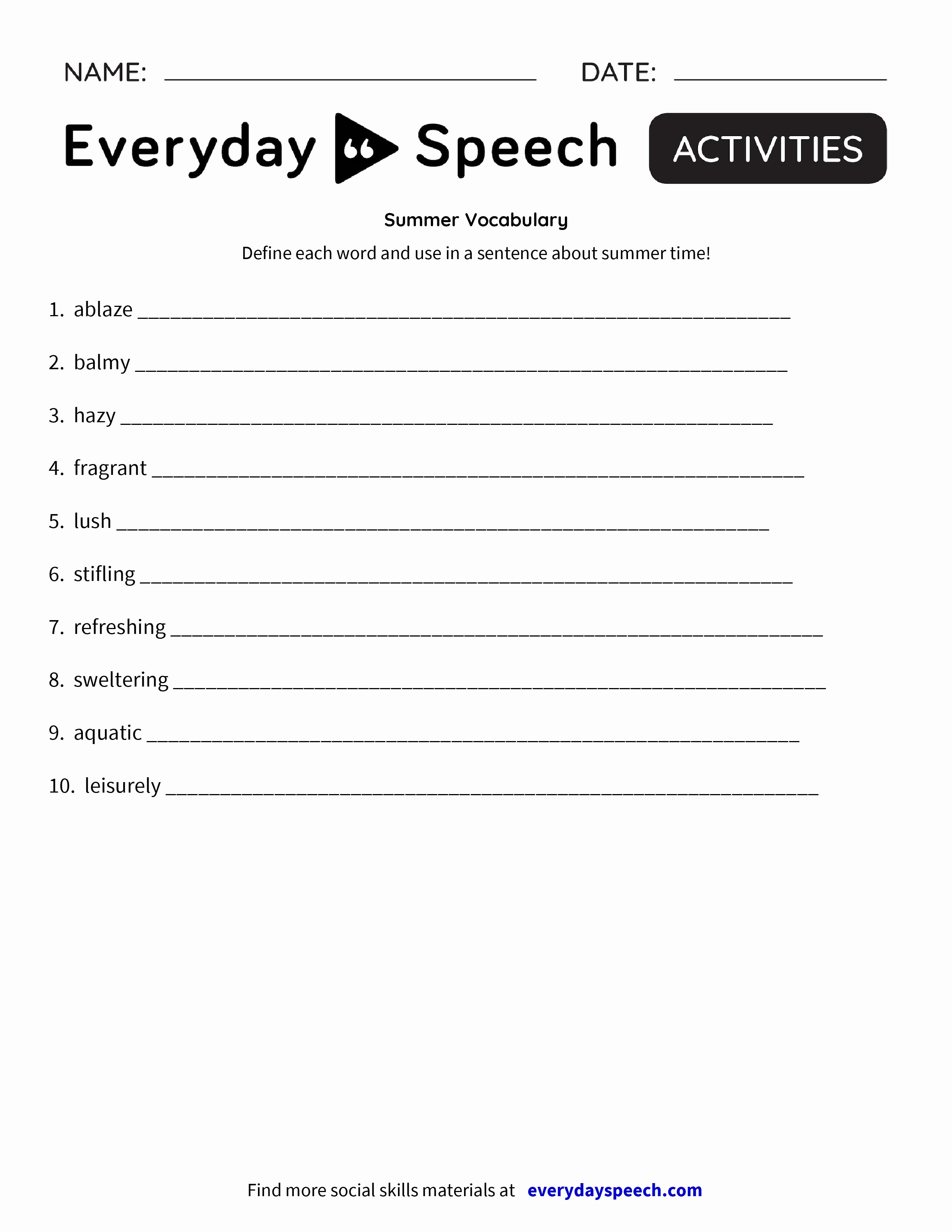 Blank Vocabulary Worksheet Template Luxury Summer Vocabulary Everyday Speech Everyday Speech
