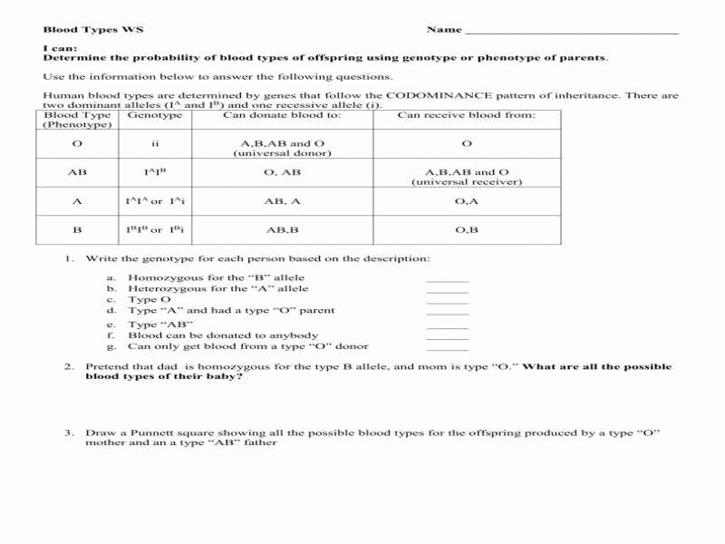 Blood Type and Inheritance Worksheet Unique Codominance Worksheet