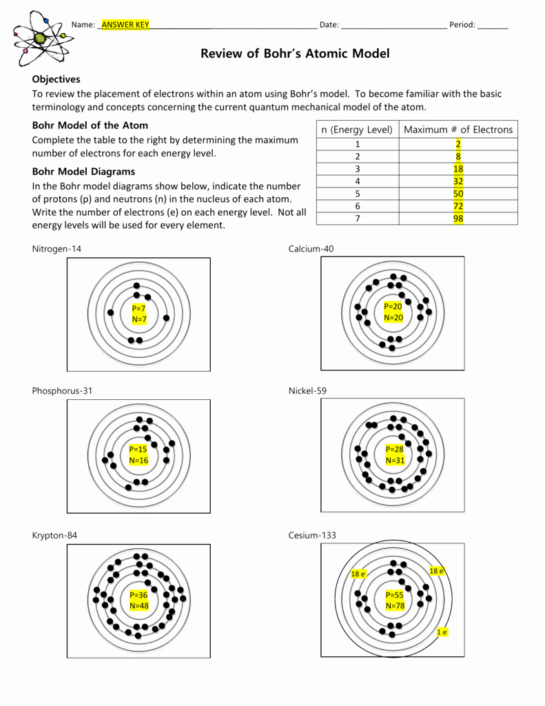 Bohr atomic Models Worksheet Inspirational Review Of Bohr Models Answer Key