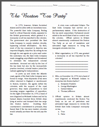 Boston Tea Party Worksheet Awesome Boston Tea Party Reading with Questions