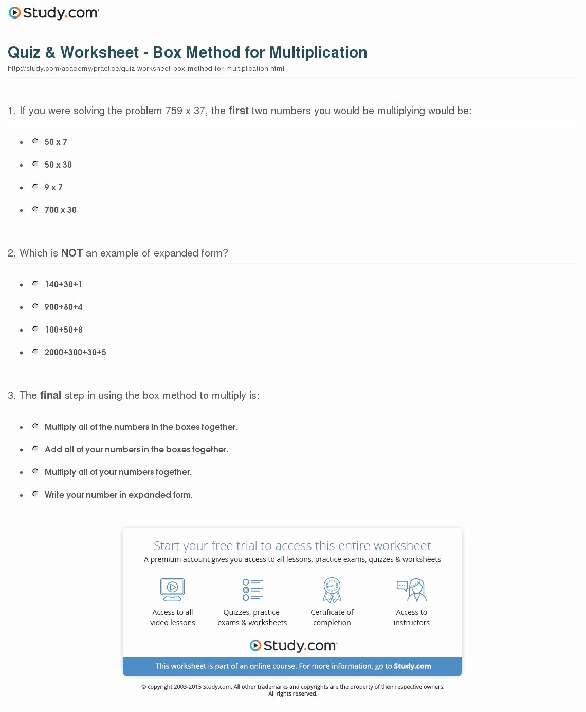 Box Method Multiplication Worksheet Best Of Quiz &amp; Worksheet Box Method for Multiplication
