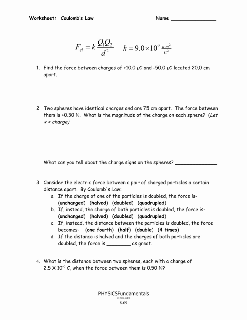 Boyle&amp;#039;s Law Worksheet Answer Key Awesome Worksheet Coulombs Law Answer Key Physics Fundamentals