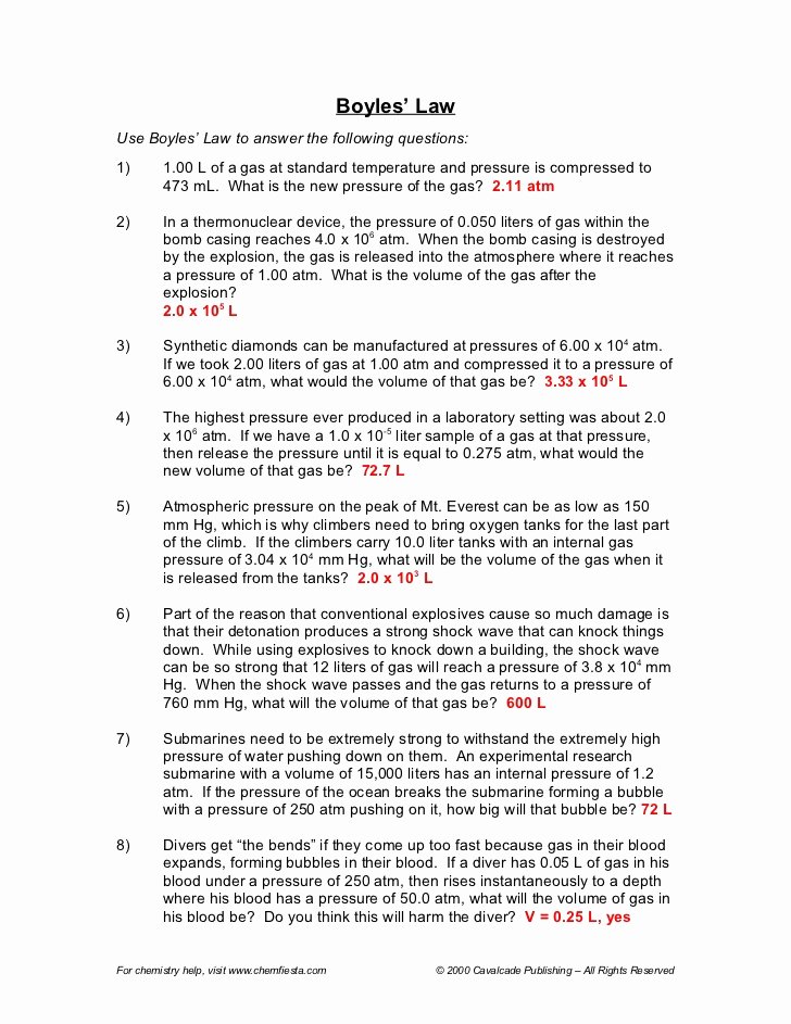 Boyle&amp;#039;s Law Worksheet Answer Key Inspirational Gas Law Packet Answers