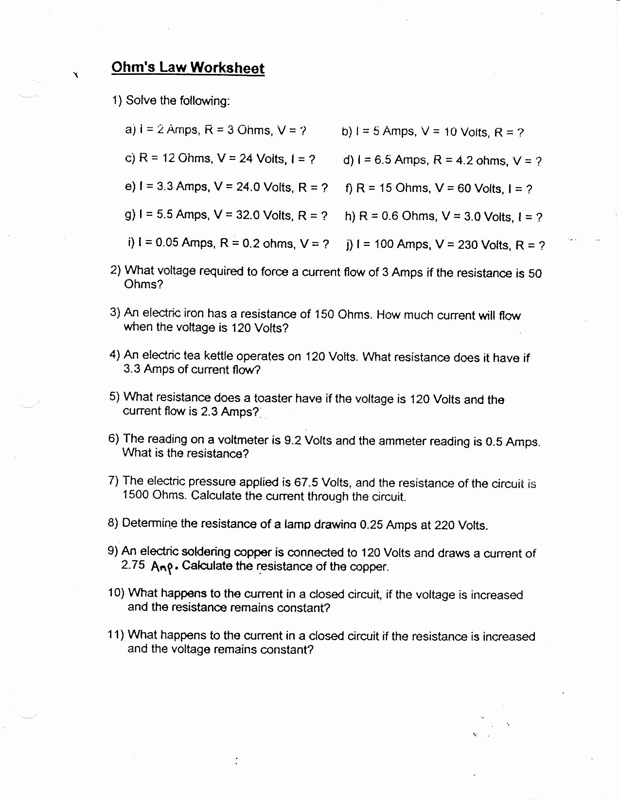 Boyle&amp;#039;s Law Worksheet Answer Key Lovely 7 Best Of Ohms Law Worksheet Middle School Ohms