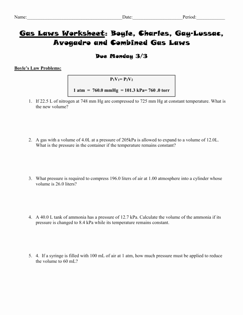 Boyle's Law Worksheet Answers Beautiful Gas Laws Worksheet 2 Boyle Charles and Bined Gas Laws